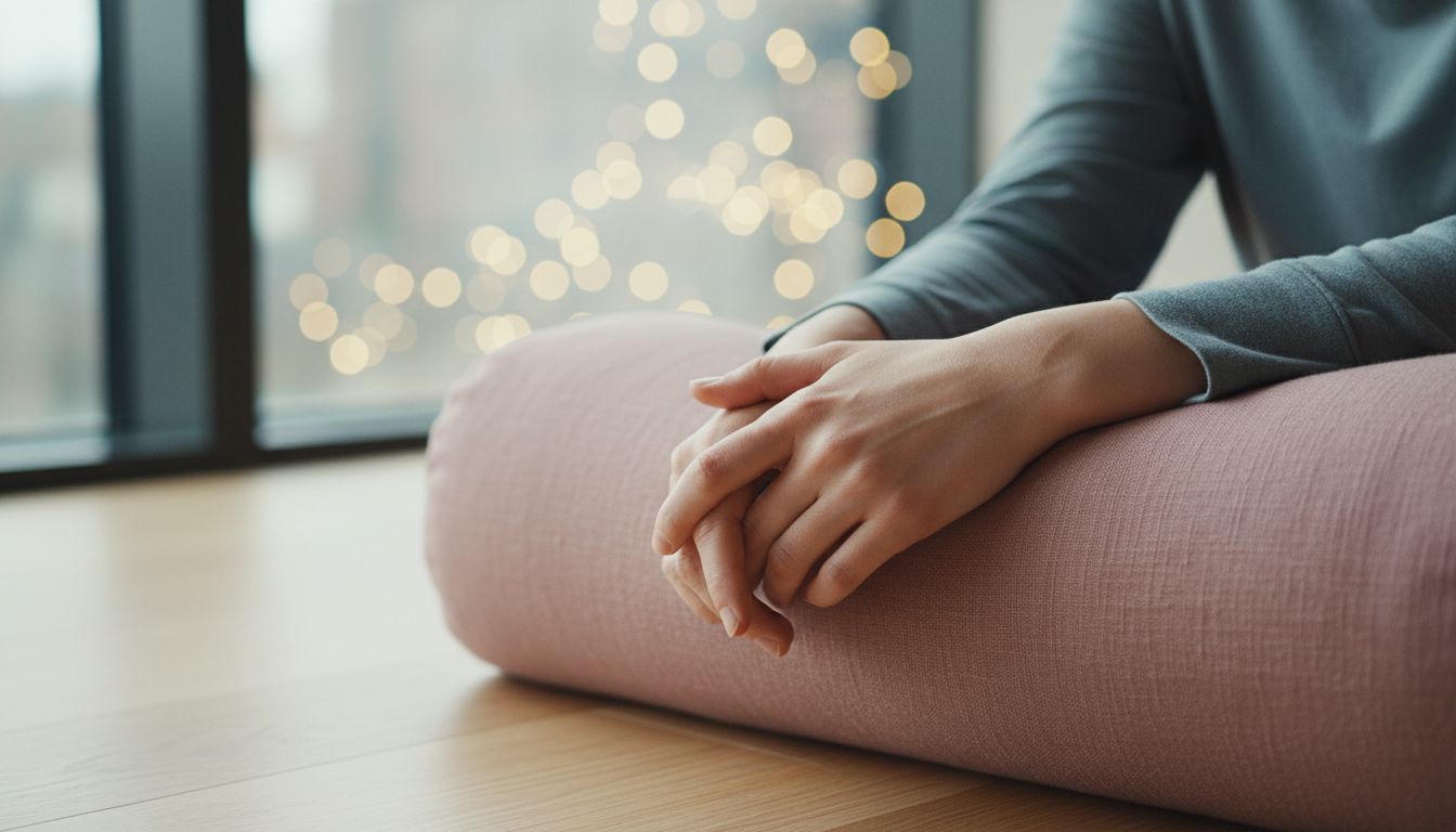 Mains posées sur un bolster, lumière de fin de journée